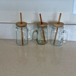 Set Of 3 Glass Mugs With Handles, Bamboo Lids, And Amber Glass‎ Straws